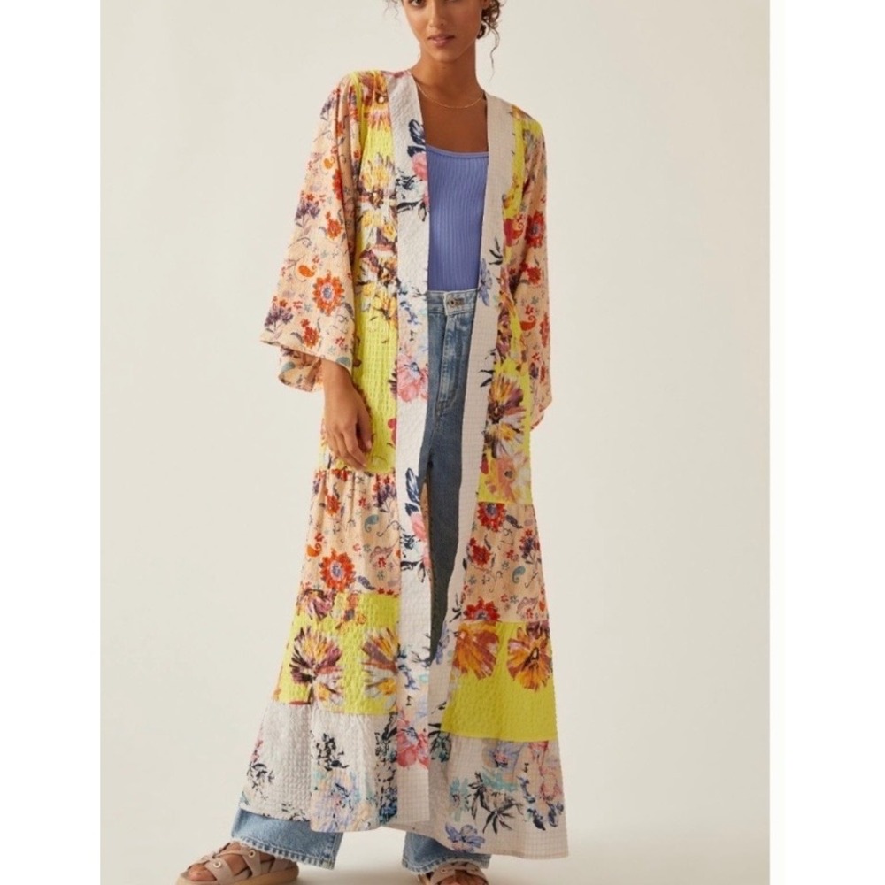 Anthropologie Kimono Duster Womens OS Yellow Floral Patchwork Excellent Tiered